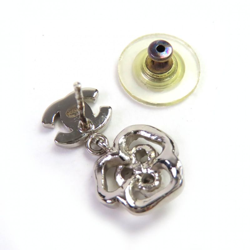 CHANEL 07A Coco Mark Camellia Swing Earrings For Both Ears Silver With Box Made
