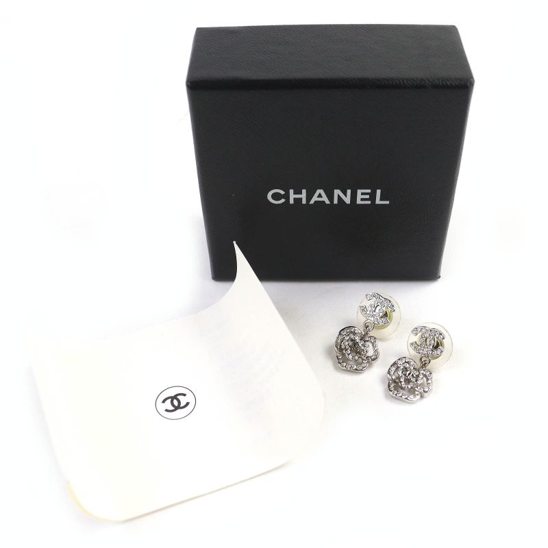 CHANEL 07A Coco Mark Camellia Swing Earrings For Both Ears Silver With Box Made