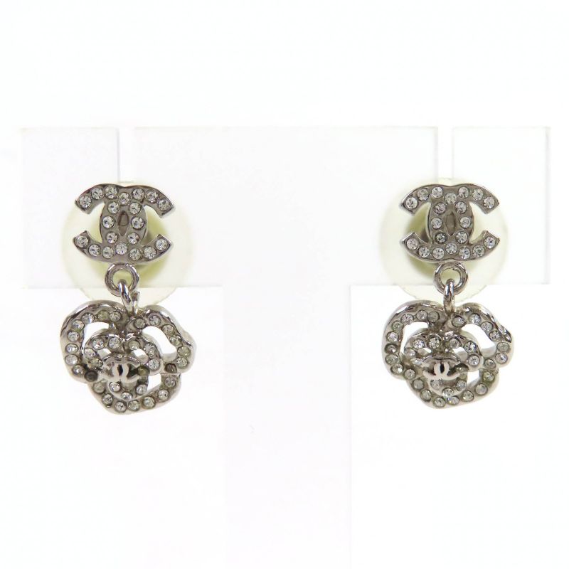 CHANEL 07A Coco Mark Camellia Swing Earrings For Both Ears Silver With Box Made
