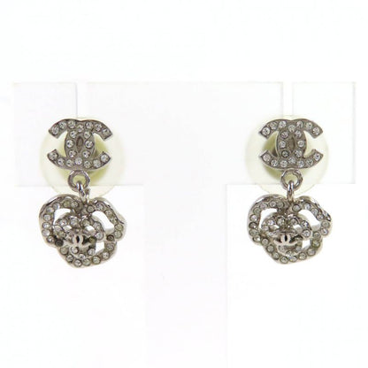 CHANEL 07A Coco Mark Camellia Swing Earrings For Both Ears Silver With Box Made