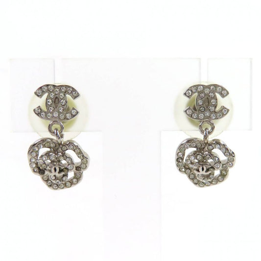 CHANEL 07A Coco Mark Camellia Swing Earrings For Both Ears Silver With Box Made