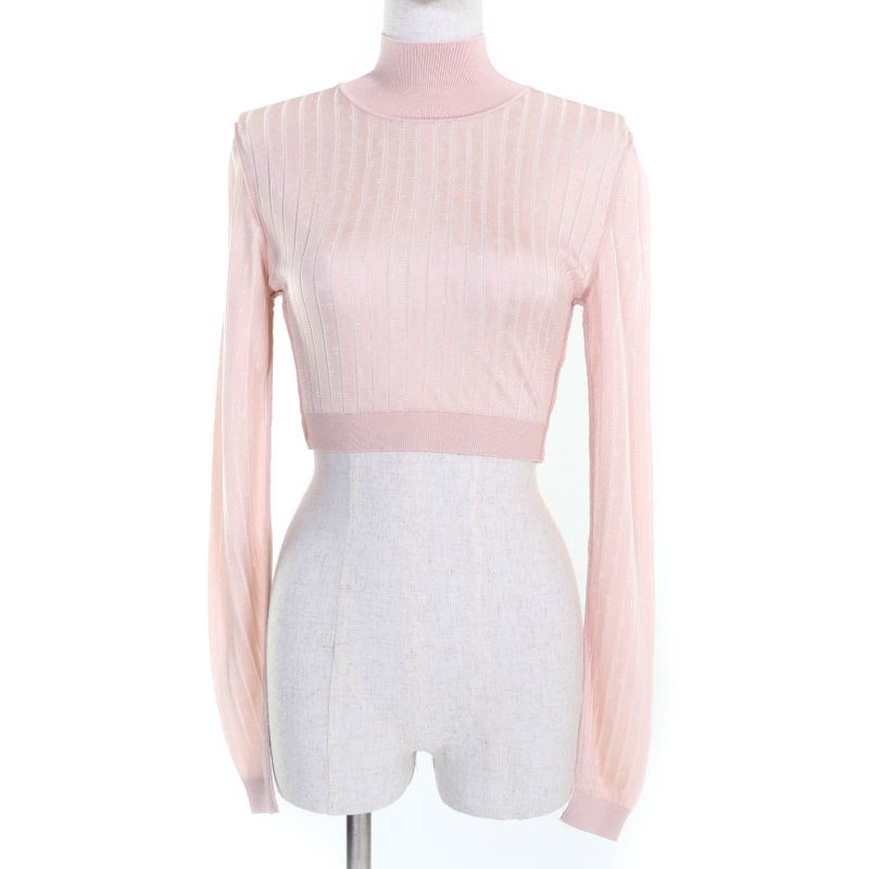 Fendi 2022 Fzx834 Cropped High Neck Long Sleeve Knit Top Pink 38 Made In Italy