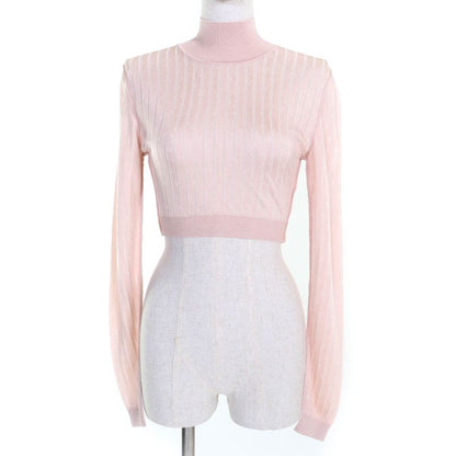 Fendi 2022 Fzx834 Cropped High Neck Long Sleeve Knit Top Pink 38 Made In Italy