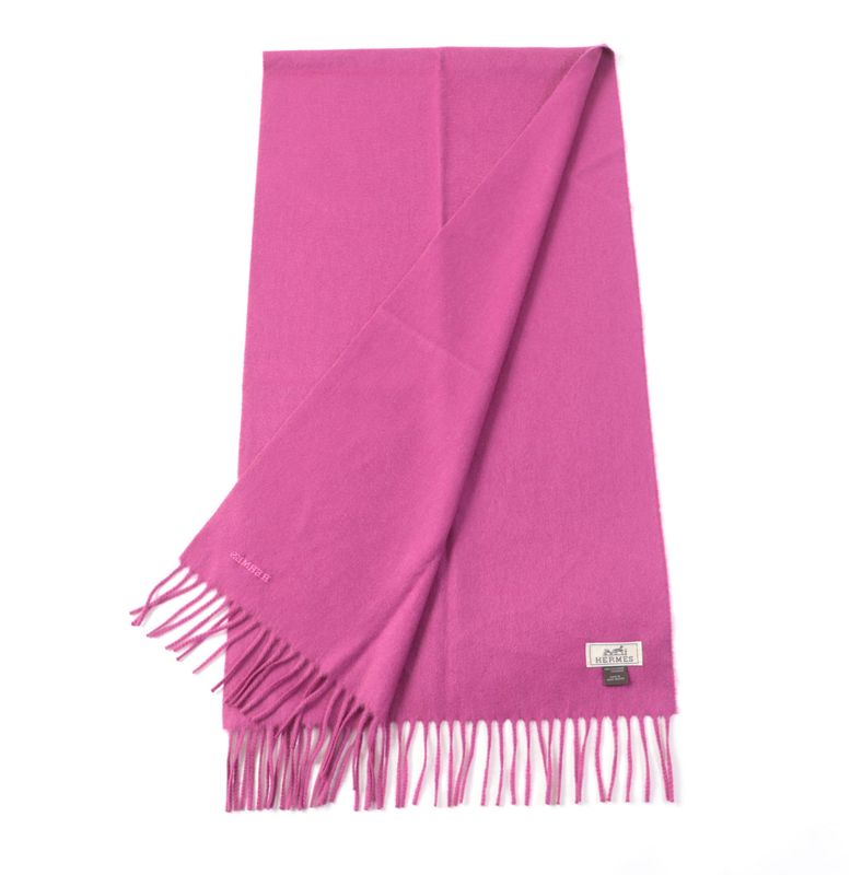 Hermes 100% Cashmere Logo Embroidered Fringed Scarf/scarf Pink Made In England