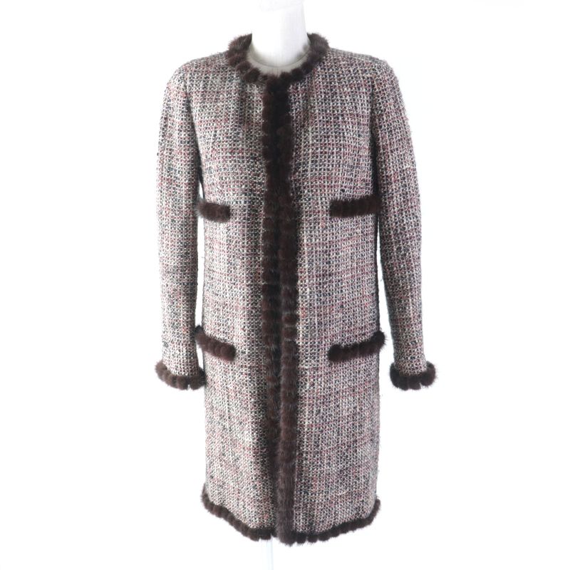 CHANEL Vintage 03A P21803 Mohair Blend 100% Silk Lining Mink Trimming Collarless