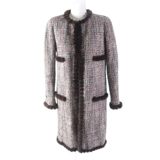 CHANEL Vintage 03A P21803 Mohair Blend 100% Silk Lining Mink Trimming Collarless