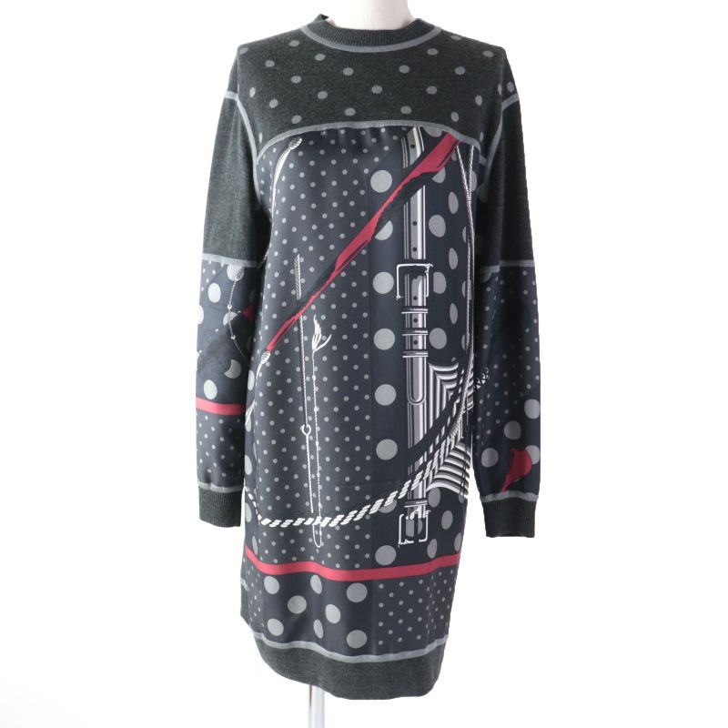 Hermes Clic Clac A Pois Clic Clac Silk Cashmere Twill Raine Long Sleeve Dress