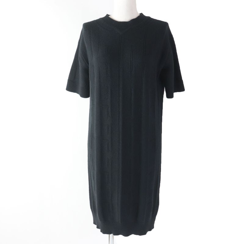 Hermes 2020 100% Wool H Pattern Knee Length Crew Neck Short Sleeves Knit Dress