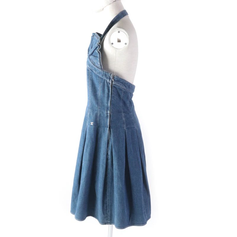 CHANEL Vintage 07C P30000 Halter Neck Pleated Denim Dress With Coco Hardware