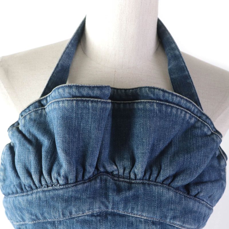 CHANEL Vintage 07C P30000 Halter Neck Pleated Denim Dress With Coco Hardware