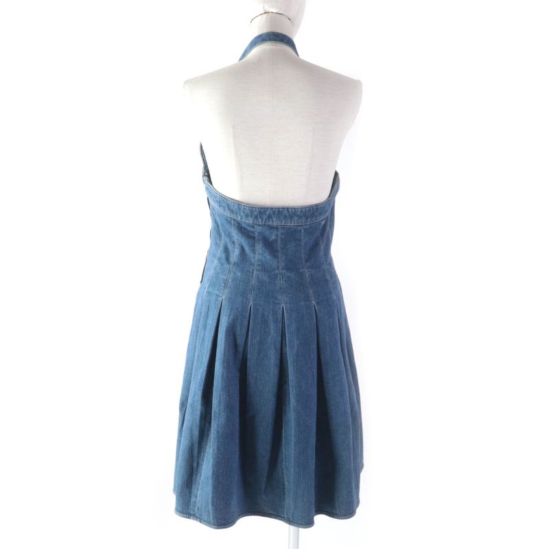 CHANEL Vintage 07C P30000 Halter Neck Pleated Denim Dress With Coco Hardware