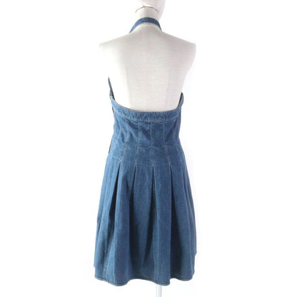 CHANEL Vintage 07C P30000 Halter Neck Pleated Denim Dress With Coco Hardware