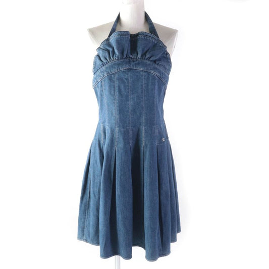 CHANEL Vintage 07C P30000 Halter Neck Pleated Denim Dress With Coco Hardware
