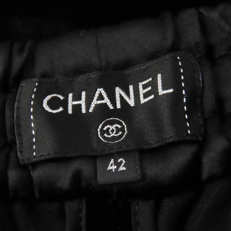 CHANEL P65297 Silk Blend Velour Pants With Coco Mark Buttons Bottoms Black 42