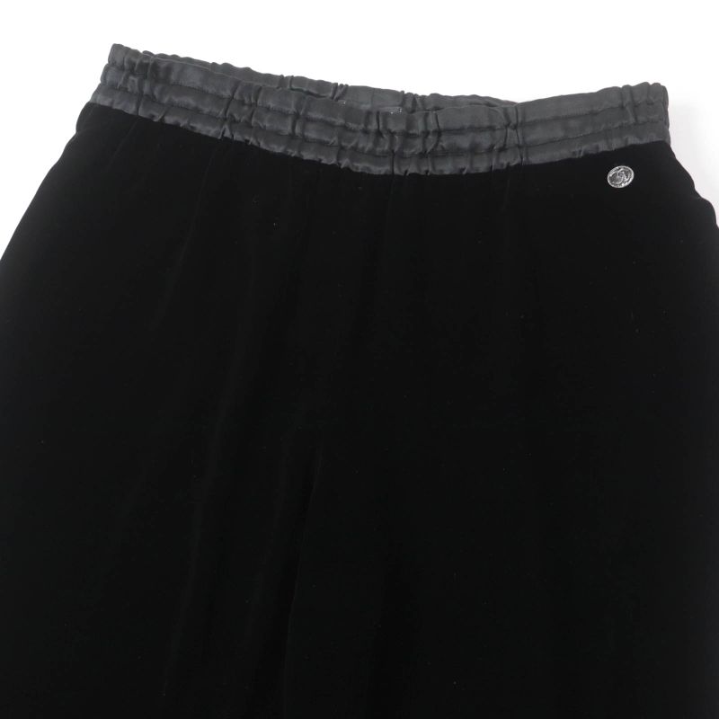 CHANEL P65297 Silk Blend Velour Pants With Coco Mark Buttons Bottoms Black 42