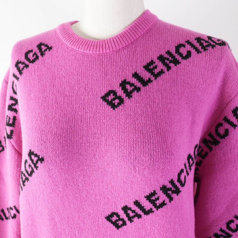 Balenciaga 510243 Virgin Wool Jacquard Logo Long Sleeve Knit Pink Black 34