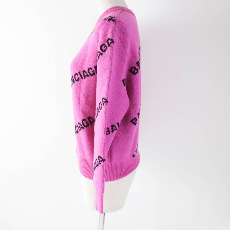 Balenciaga 510243 Virgin Wool Jacquard Logo Long Sleeve Knit Pink Black 34