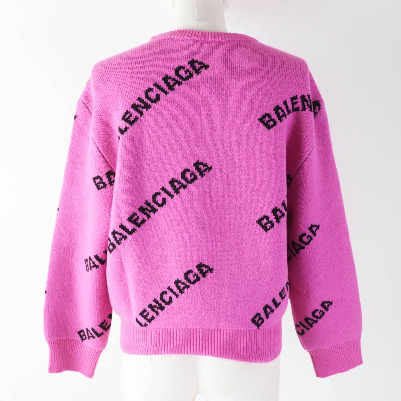 Balenciaga 510243 Virgin Wool Jacquard Logo Long Sleeve Knit Pink Black 34