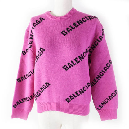 Balenciaga 510243 Virgin Wool Jacquard Logo Long Sleeve Knit Pink Black 34