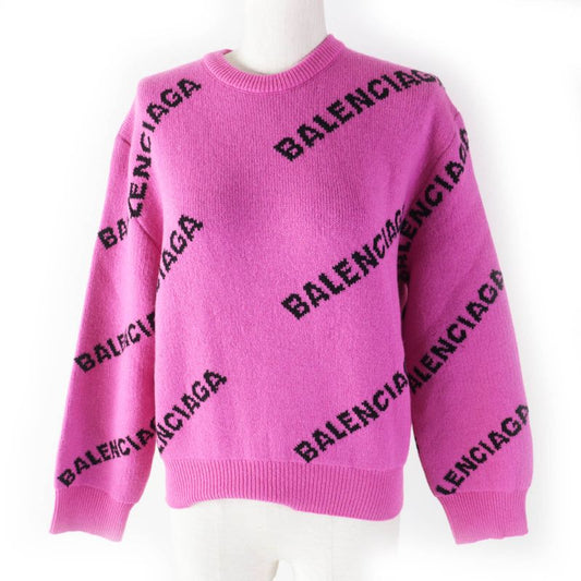 Balenciaga 510243 Virgin Wool Jacquard Logo Long Sleeve Knit Pink Black 34