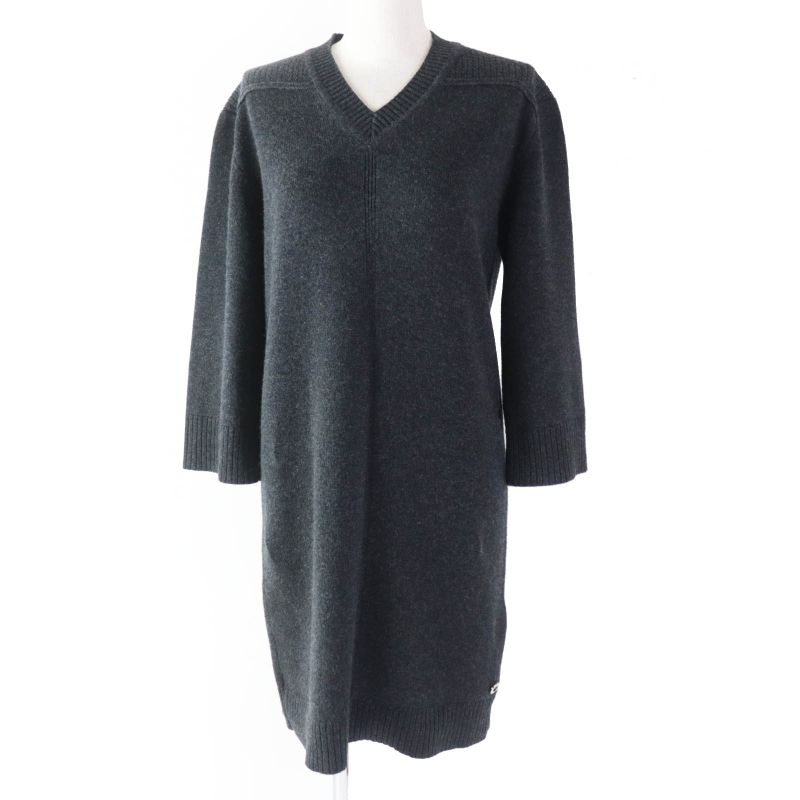 Hermes 100% Cashmere Silver Hardware V-neck Knit Dress With Serie Parts Dark