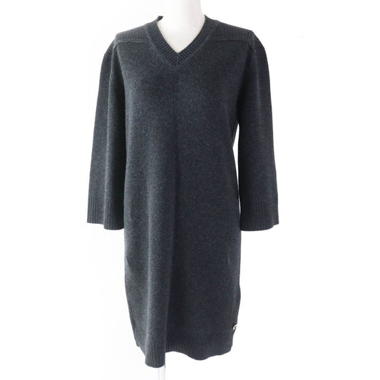 Hermes 100% Cashmere Silver Hardware V-neck Knit Dress With Serie Parts Dark