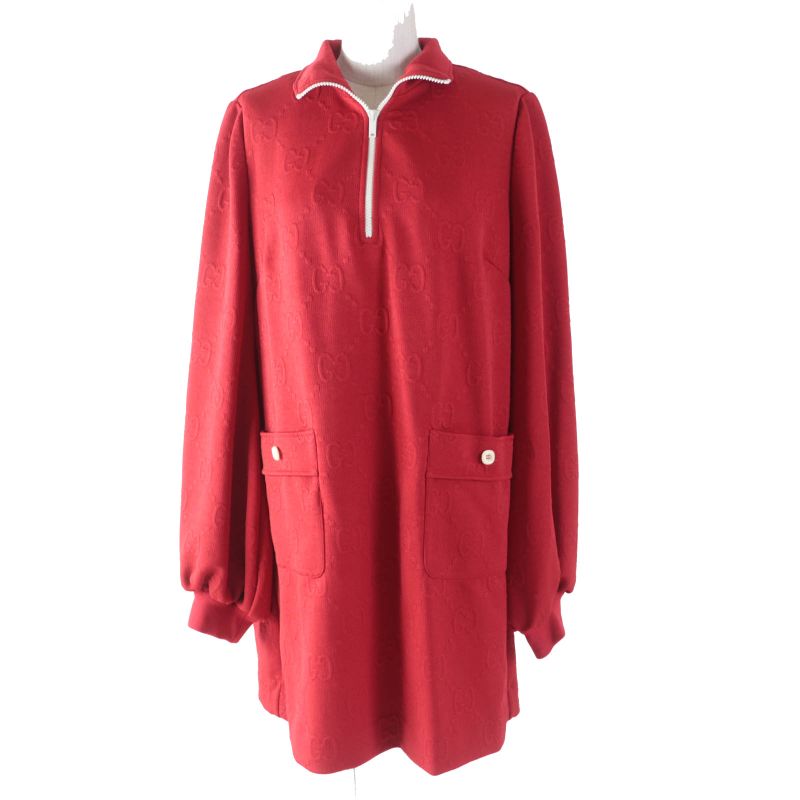 Gucci 653412 Half Zip GG Pattern Long Sleeve Dress Red M With Hanger And