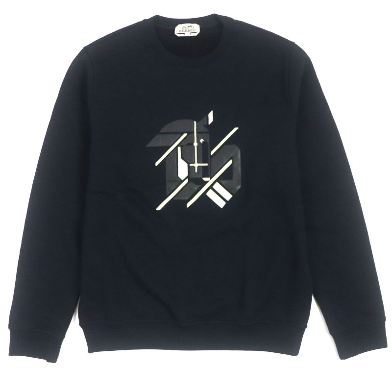 Hermes 23SS Chevaux Symetrie Cotton Leather Patched Sweatshirt Pullover Navy M