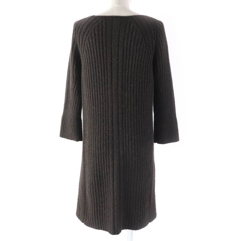 Hermes 100% Camel Crew Neck Long Sleeve Knit Knee Length Dress Dark Brown 38