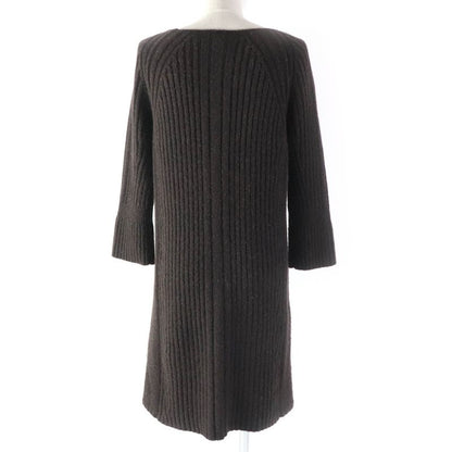 Hermes 100% Camel Crew Neck Long Sleeve Knit Knee Length Dress Dark Brown 38