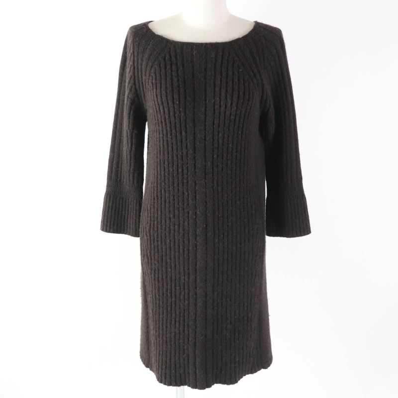 Hermes 100% Camel Crew Neck Long Sleeve Knit Knee Length Dress Dark Brown 38