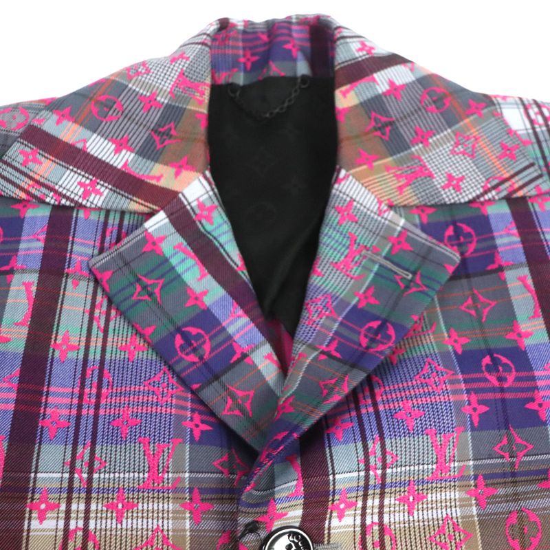 Louis Vuitton Madras Check Monogram Logo Button Chester Coat Pink Multi 48