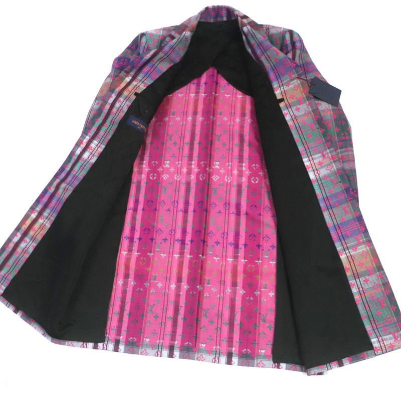 Louis Vuitton Madras Check Monogram Logo Button Chester Coat Pink Multi 48