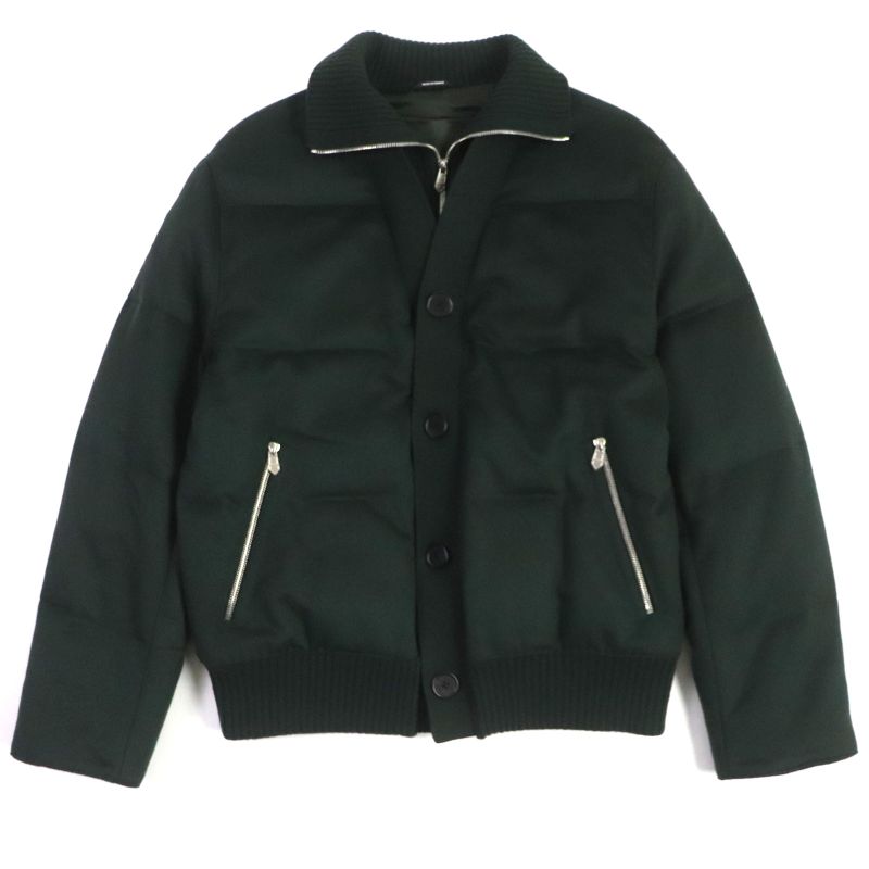 Hermes 2022 100% Cashmere Knit Switch Collar Layered Zip Down Jacket Green 46