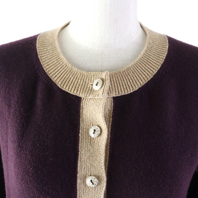 CHANEL 17A P57065 Cashmere Cardigan With Keyhole Buttons Plum/golden Beige 38