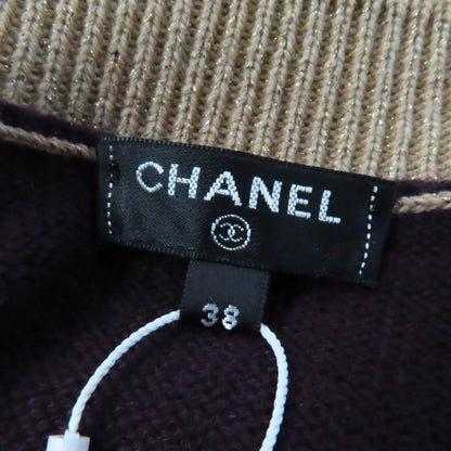 CHANEL 17A P57065 Cashmere Cardigan With Keyhole Buttons Plum/golden Beige 38