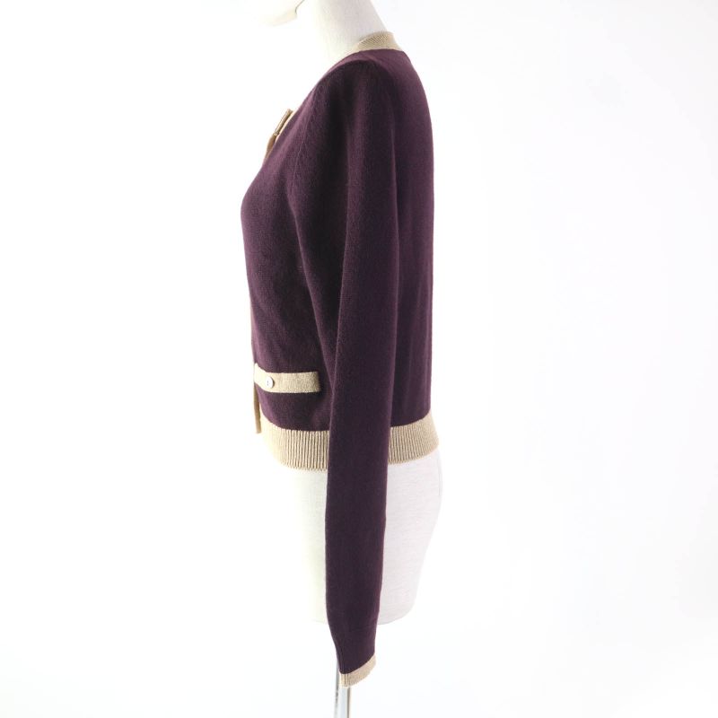 CHANEL 17A P57065 Cashmere Cardigan With Keyhole Buttons Plum/golden Beige 38