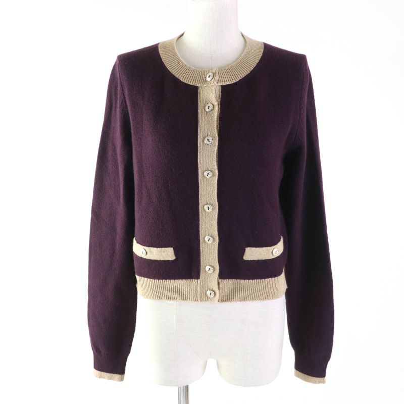 CHANEL 17A P57065 Cashmere Cardigan With Keyhole Buttons Plum/golden Beige 38