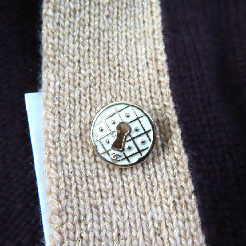 CHANEL 17A P57065 Cashmere Cardigan With Keyhole Buttons Plum/golden Beige 38