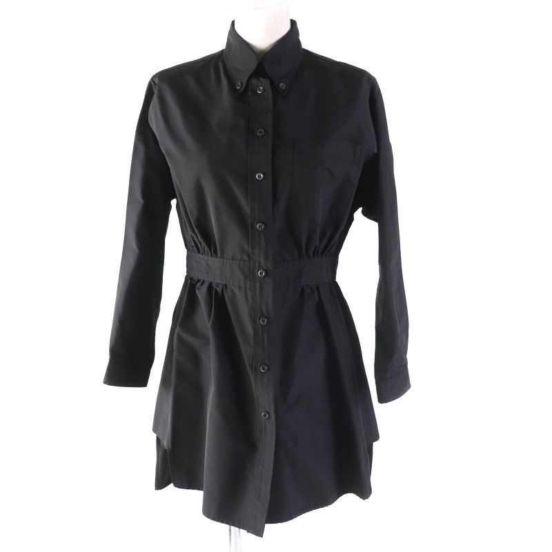 Prada 19 Years APD1 Silk Jacquard Waist Switch Long Sleeve Long Shirt Black 38S