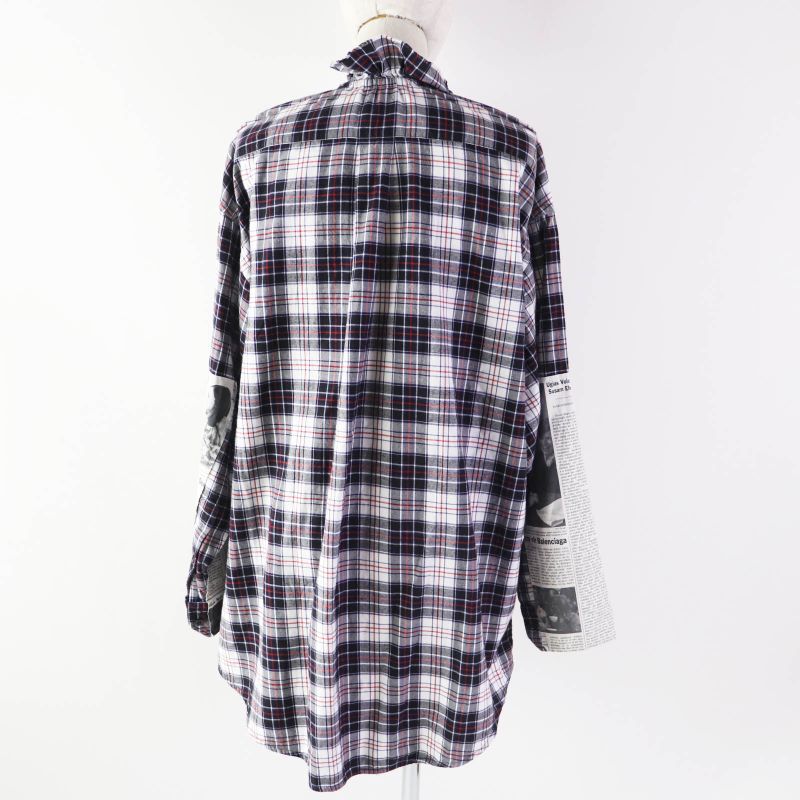 Balenciaga 18AW 528697 Cotton Newspaper Checked Long Sleeve Shirt Multi 34