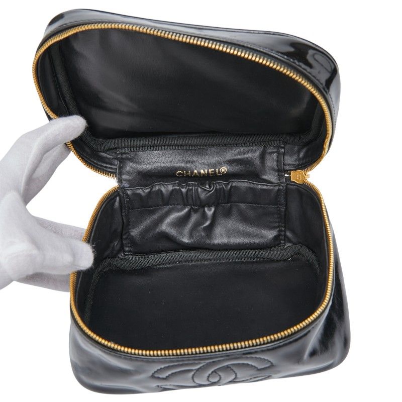 Chanel Coco Mark Vanity Bag Handbag Black Patent Leather Women Chanel