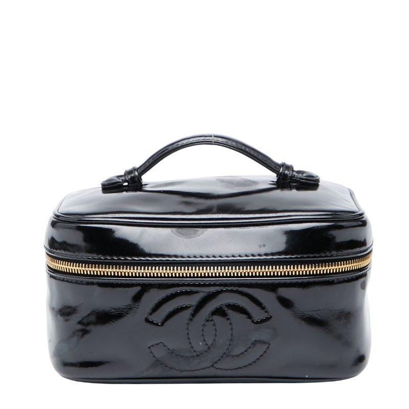 Chanel Coco Mark Vanity Bag Handbag Black Patent Leather Women Chanel