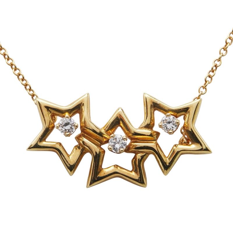 Tiffany & Co Triple Star 3P Diamond Pendant Necklace 18K Yellow Gold Yellow
