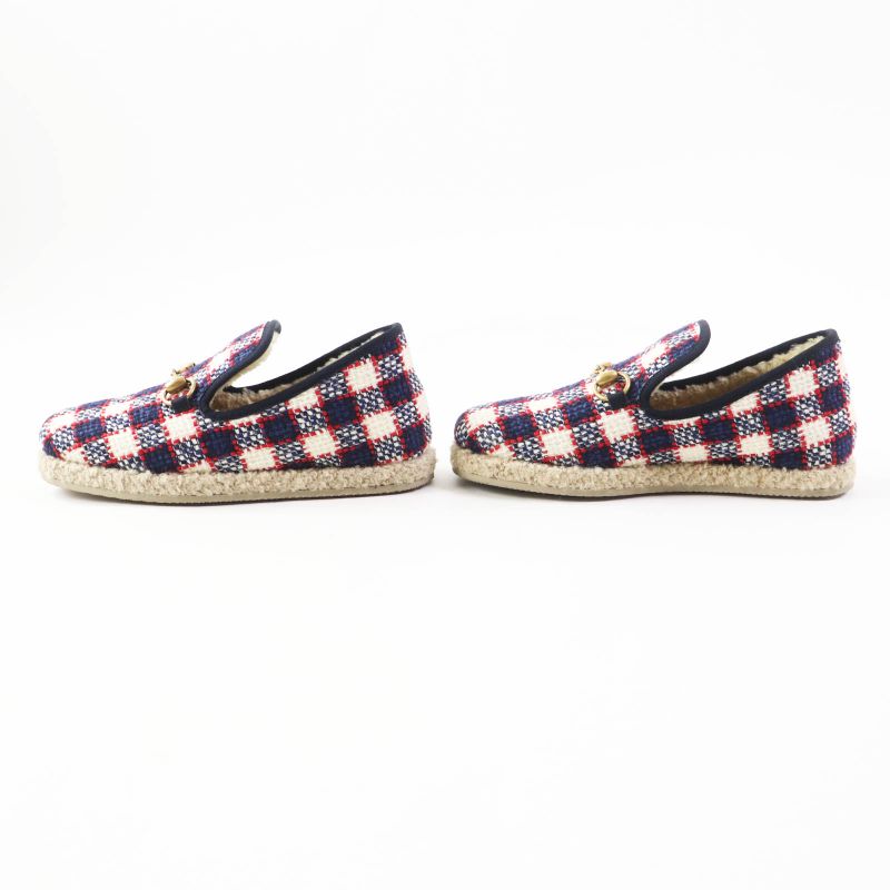 Gucci Horsebit Medium Boa Checkered Tweed Loafers Navy Red White Gold Hardware