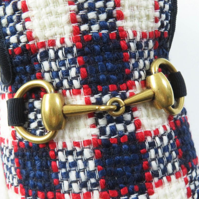 Gucci Horsebit Medium Boa Checkered Tweed Loafers Navy Red White Gold Hardware