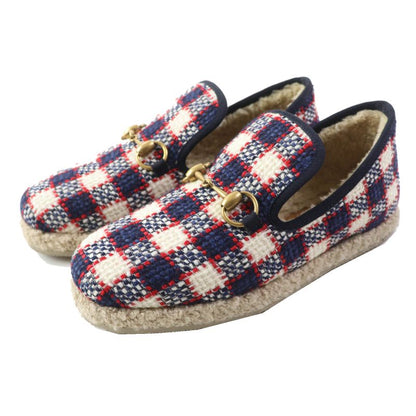 Gucci Horsebit Medium Boa Checkered Tweed Loafers Navy Red White Gold Hardware