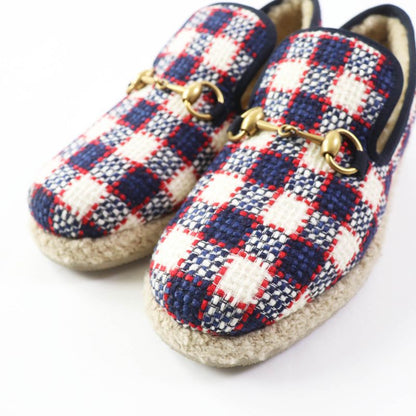 Gucci Horsebit Medium Boa Checkered Tweed Loafers Navy Red White Gold Hardware