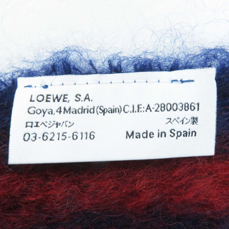 LOEWE Mohair Wool Leather Scarf With Patch And Fringe Navy Red Made In Spain