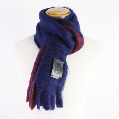 LOEWE Mohair Wool Leather Scarf With Patch And Fringe Navy Red Made In Spain